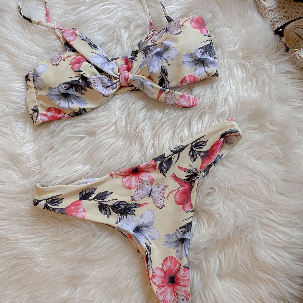 Floral Yellow and Pink Bikini Set Strapless